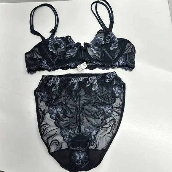 Lise Charmel Lingerie Set Bra & Matching Panties Underwear Blue Floral 34B Small - Picture 1 of 9